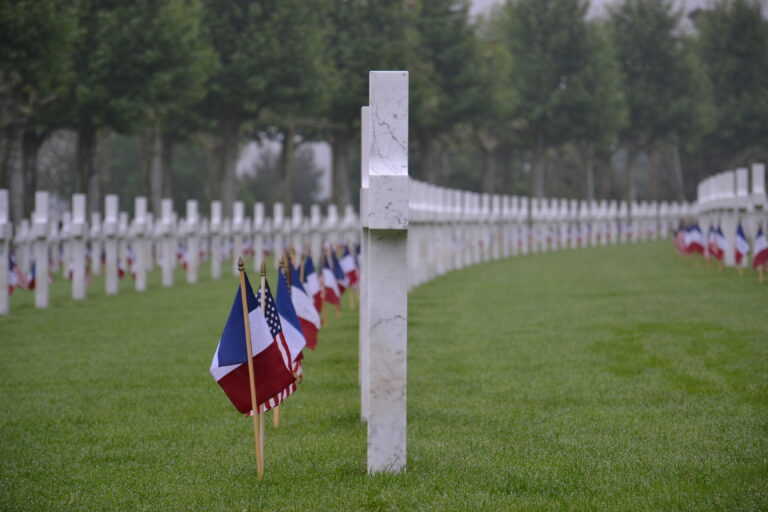 An American and French flag were placed at the base of every headstone at Aisne-Marne American Cemetery for the 2016 Memorial Day Ceremony. Image courtesy of Jennifer Lesaque.