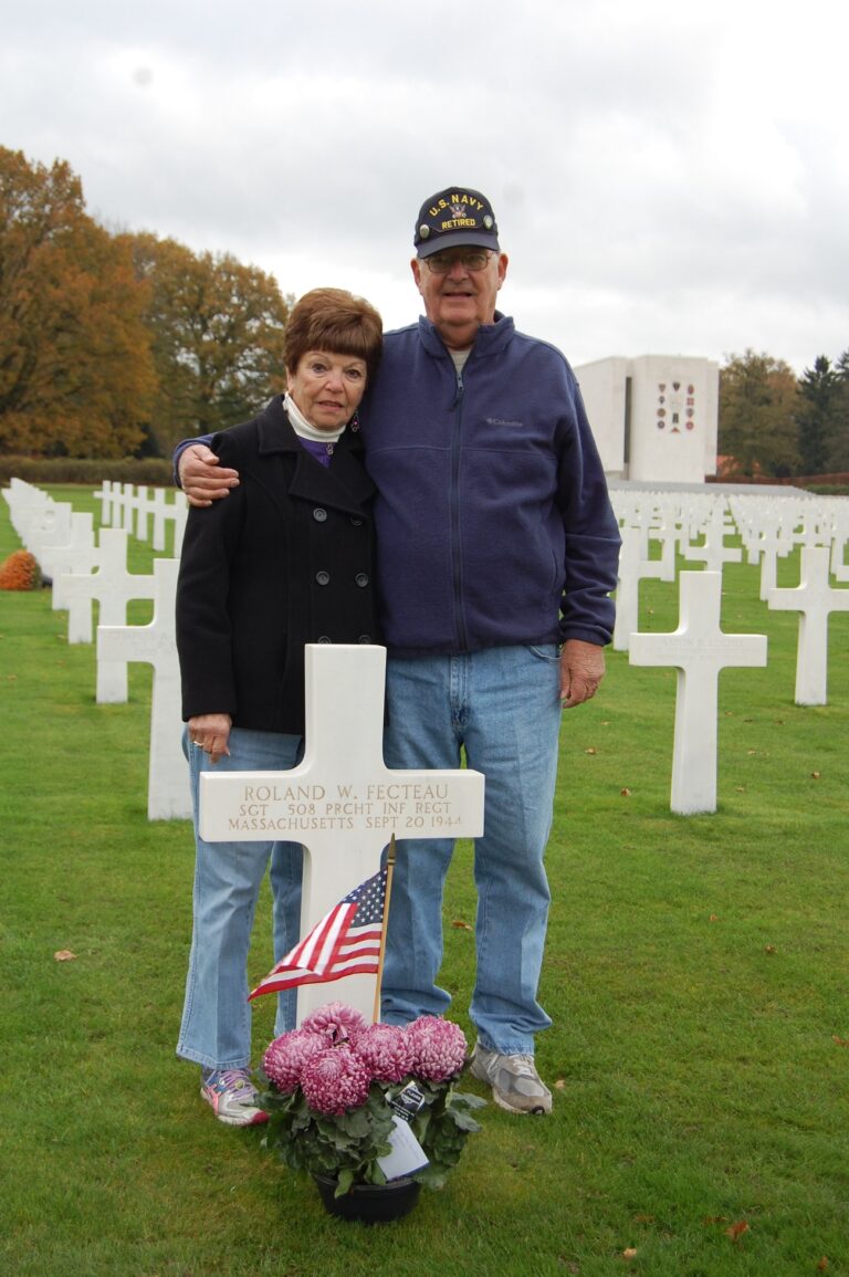 Family members Fred and Debbie Barrows attended the 2015 Veterans Day Ceremony at Ardennes American Cemetery. They had traveled to Belgium to honor her uncle Sgt. Roland Fecteau