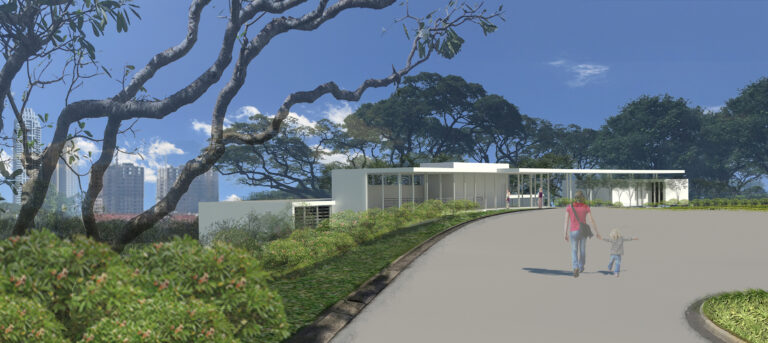 A rendering of the new visitor center at Manila American Cemetery shows the profile of the building. Image courtesy of Richter Architects.