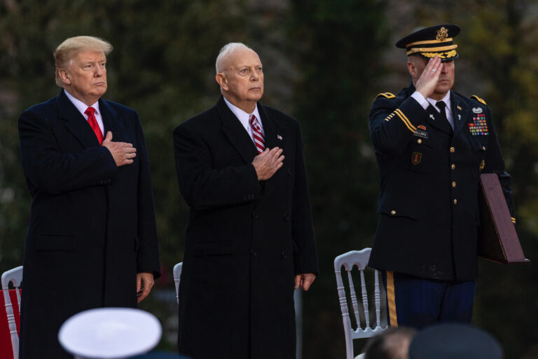 President Donald J. Trump stands with ABMC Secretary William M. Matz during the World War I Centennial Ceremony at Suresnes American Cemetery to mark the Armistice.