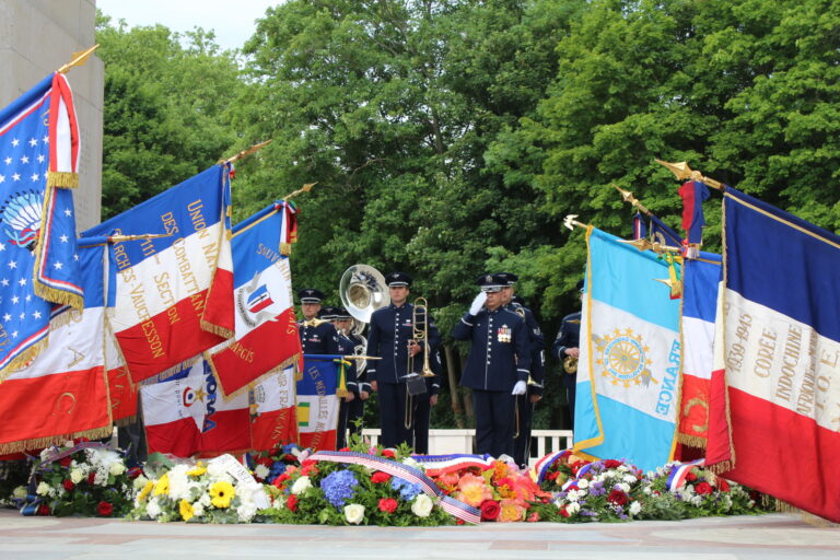 Members of a U.S. Air Force band render honors during "Taps" at the 2017 Memorial Day Ceremony at Lafayette Escadrille Memorial Cemetery. Image courtesy of Daisy Bachofen.