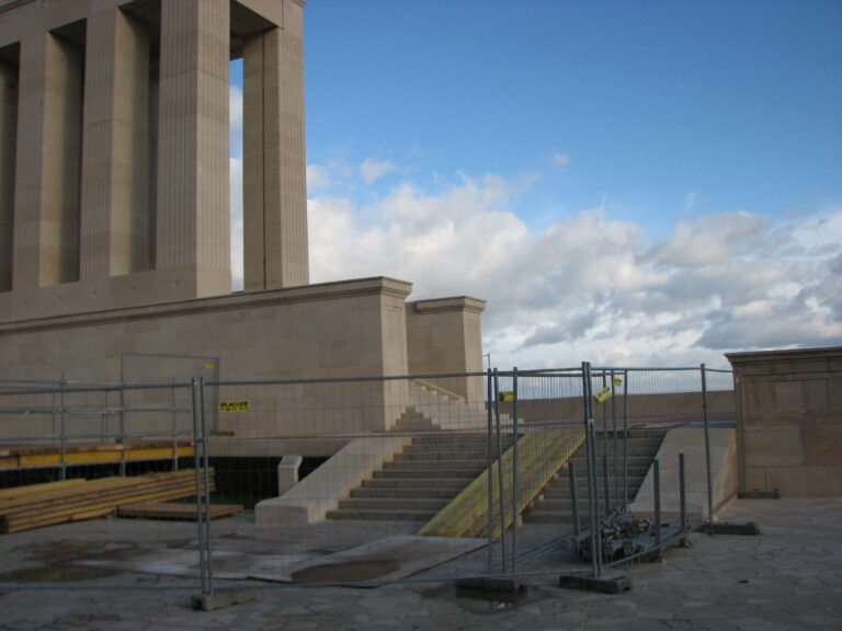 Construction work is ongoing on the terrace of the Chateau-Thierry Monument to prepare for the visitor contact station project.