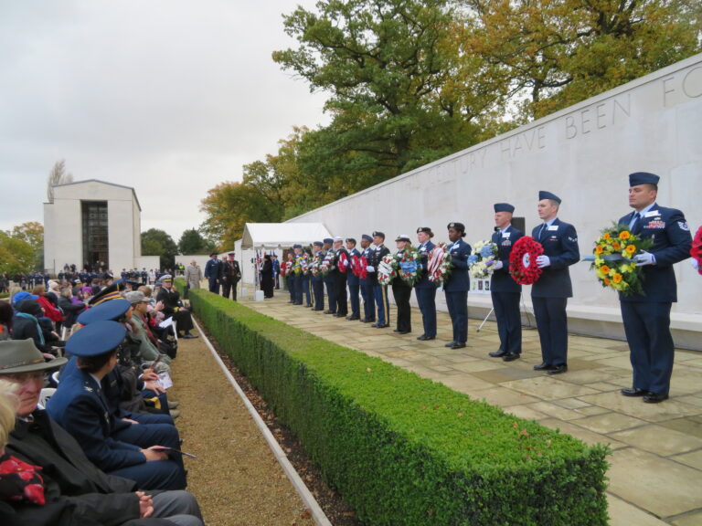 Members of the 501st Combat Support Wing prepare to lay the wreaths during the 2017 Veterans Day Ceremony at Cambridge American Cemetery.