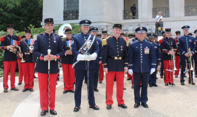 A U.S. Air Force Band and French Army Band participated in the 2017 Memorial Day Ceremony at Suresnes American Cemetery. Image courtesy of Daisy Bachofen.