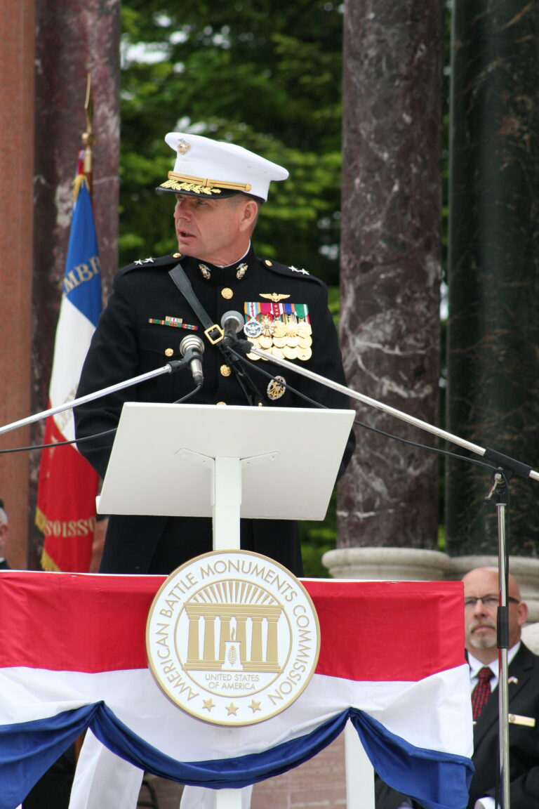 Major General Beydler delivers remarks during the Memorial Day 2015 Ceremony at Oise-Aisne American Cemetery.