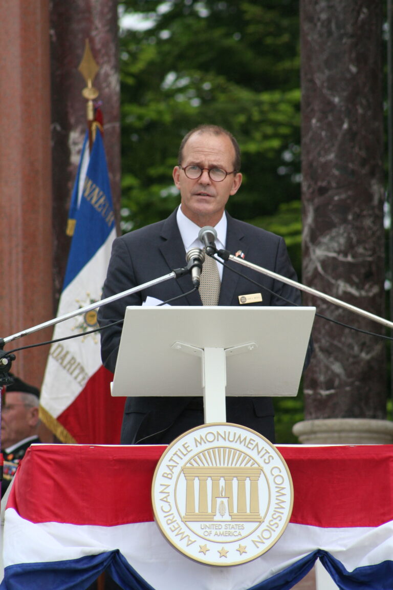 ABMC Deputy Secretary John Wessels delivers remarks during the Memorial Day 2015 Ceremony at Oise-Aisne American Cemetery.