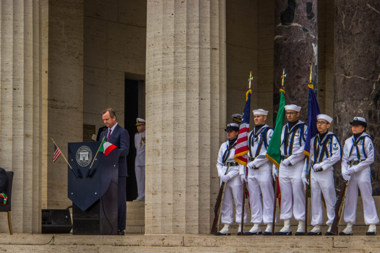 U.S. Ambassador to the United Nations Agencies in Rome David Lane delivers remarks during the 2016 Memorial Day Ceremony at Sicily-Rome American Cemetery.