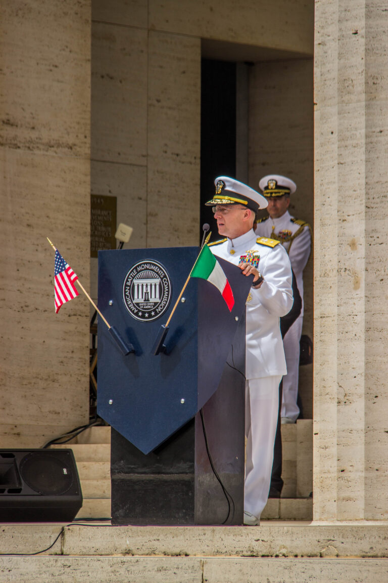 Deputy Commander of the U.S. Sixth Fleet Rear Admiral Daryl Caudle delivered remarks during the 2016 Memorial Day Ceremony at Sicily-Rome American Cemetery.