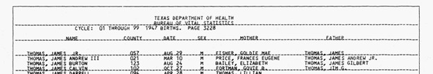 Texas Department of Health, Bureau of Vital Statistics, birth record for James Calven Thomas.