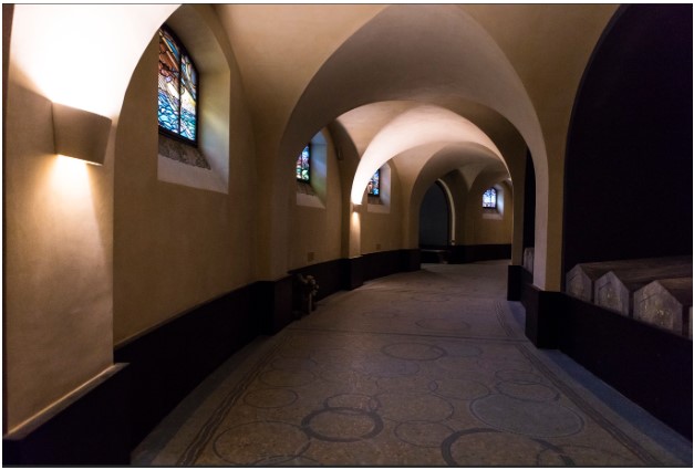Picture of the crypt at Lafayette Escadrille Memorial Cemetery with stained glass. Credit: American Battle Monuments Commission.