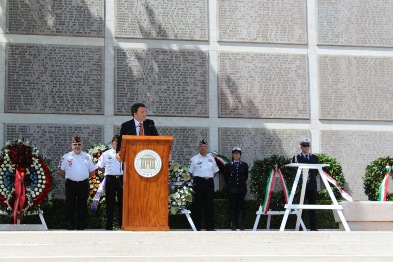 Italian Prime Minister Matteo Renzi delivers remarks during the 2015 Memorial Day Ceremony at Florence American Cemetery.