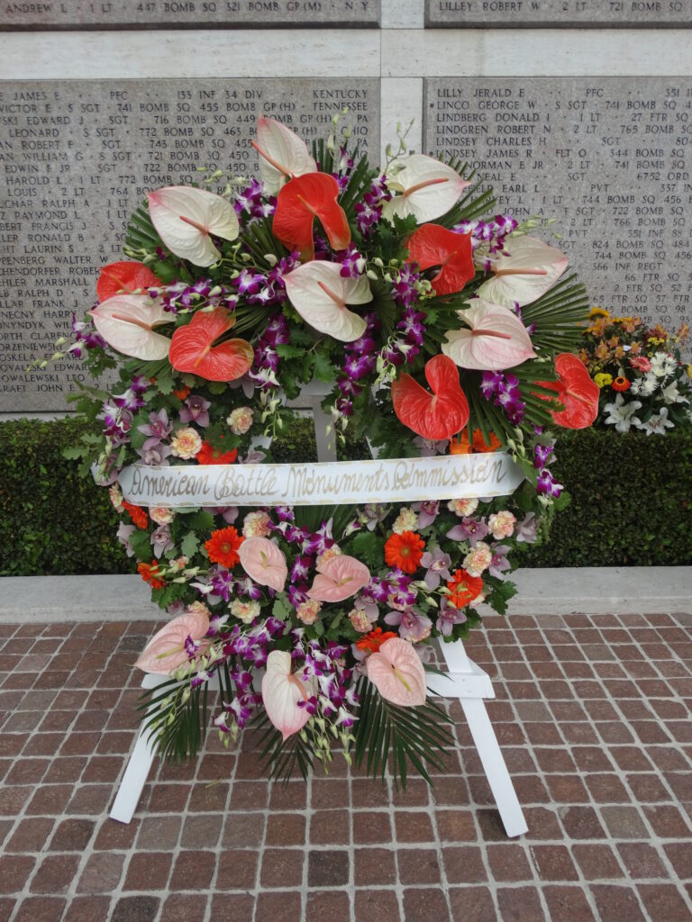 A large floral wreath was laid during the 2016 Memorial Day Ceremony at Florence American Cemetery on behalf of the American Battle Monuments Commission.