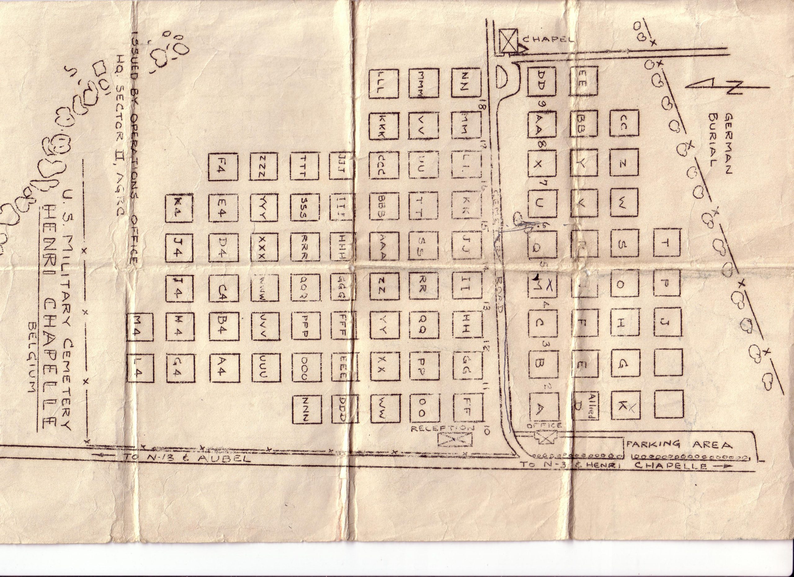 Map of the temporary cemetery indicating the part dedicated to German burials from March 1945. Credit: Cemetery’s archives. 
