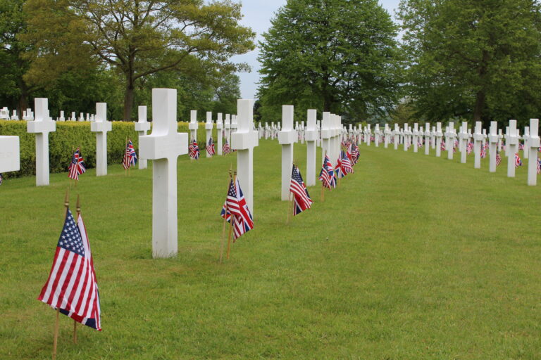 Cambridge American Cemetery for Memorial Day 2015. US and UK flags are placed in front of every headstone for Memorial Day.