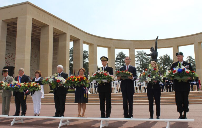 Members of the official party laid floral wreaths during the 2017 Memorial Day Ceremony at Normandy American Cemetery.