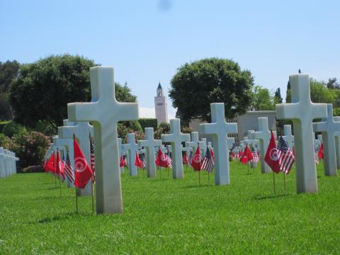 Flags at headstones at North Africa American Cemetery for Memorial Day 2012.