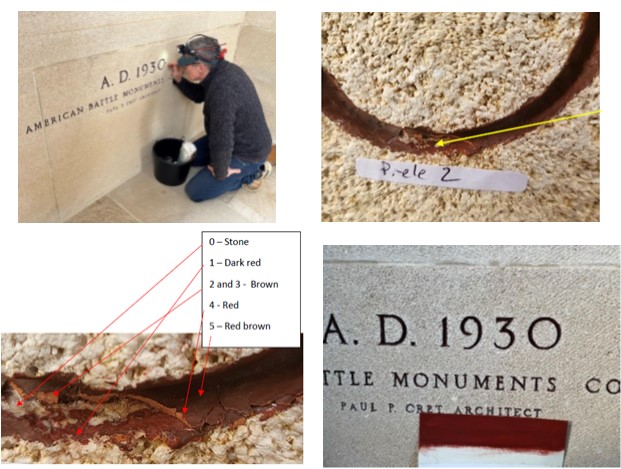 Pictures showing the process and location where the paint sample was taken at Chateau-Thierry American Monument. Credit: American Battle Monuments Commission.