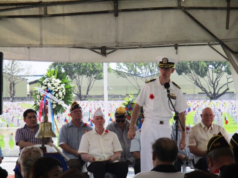 A sailor delivers remarks during the 2016 Memorial Day Ceremony at Clark Veterans Cemetery.