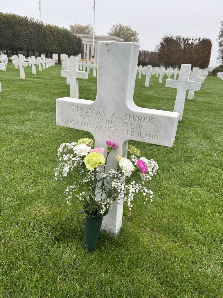 Flowers brought to Pvt. Thomas A. Shirek for All Saints’ Day 2024 at St. Mihiel American Cemetery. Credit: American Battle Monuments Commission.