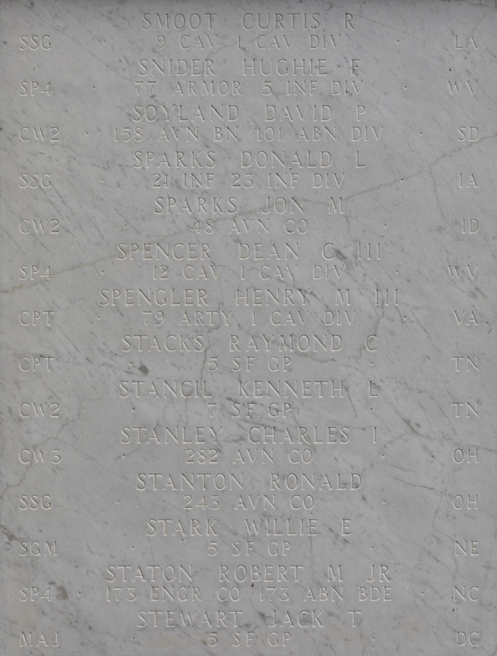 Closeup of Donald Sparks’s name is permanently engraved on stone memorial at the Honolulu Memorial at National Memorial Cemetery of the Pacific in Honolulu, Hawaiʻi. 