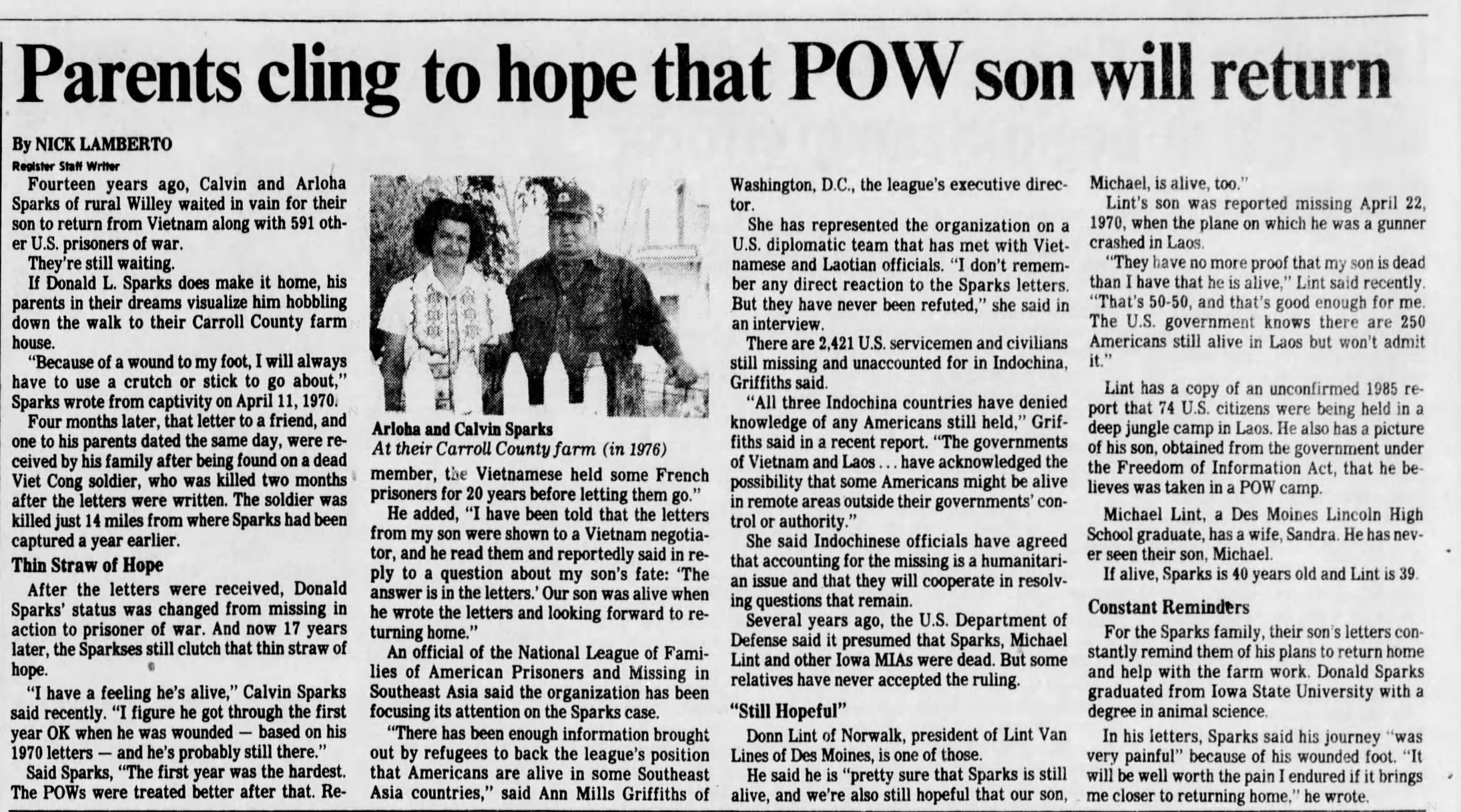 Newspaper page with headline about parents remaining hopeful for POW son return.