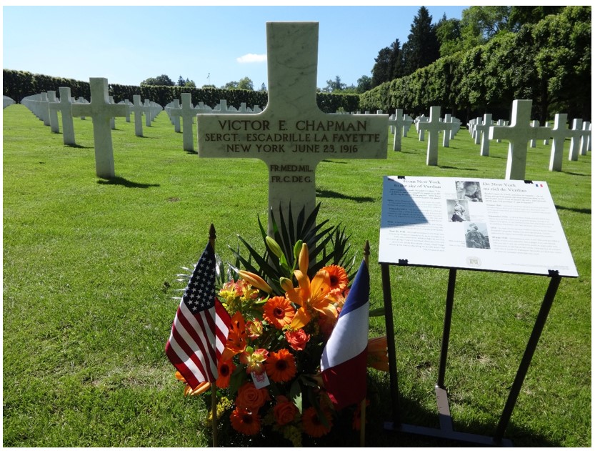 Picture of the headstone of Sgt. Victor E. Chapman with a temporary panel created for the centennial of World War I - June 2016. Credit: American Battle Monuments Commission.