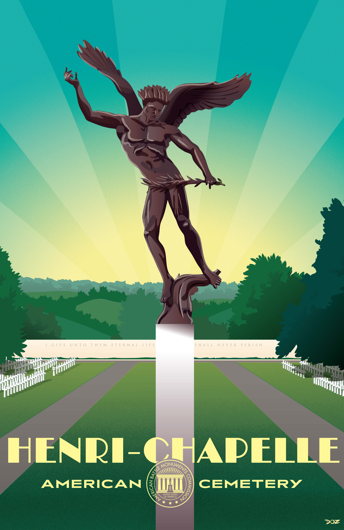 Vintage poster of Henri-Chapelle American Cemetery created to mark ABMC Centennial