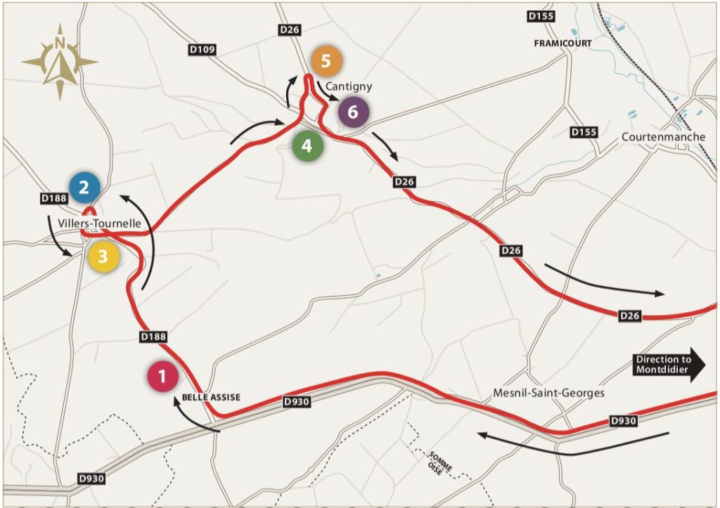 Map route for the World War I battlefield tour through Cantigny.