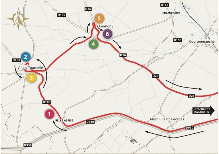 Map route for the World War I battlefield tour through Cantigny.