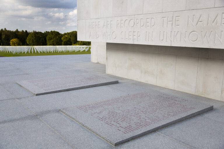 More than 400 Americans are commemorated on the Tablets of the Missing at Ardennes American Cemetery. Photo Credit: Warrick Page/American Battle Monuments Commission.