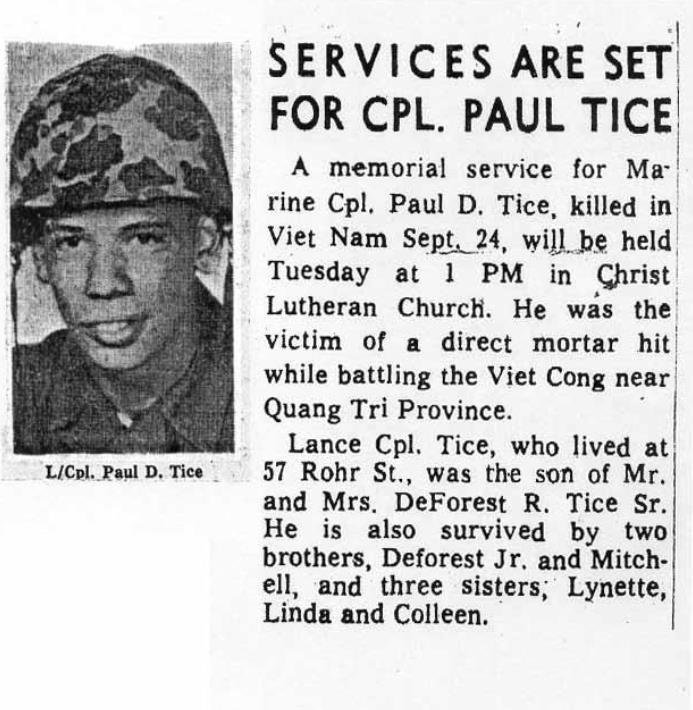 Photograph of Lance Corporal Paul D. Tice from newspaper obituary, 1964. Forest Lawn Cemetery.