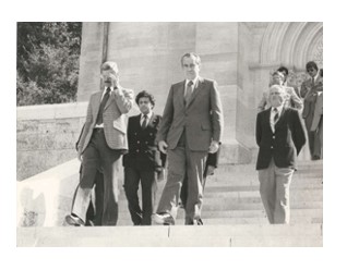 President Richard Nixon, year unknown, descends the chapel steps at Aisne-Marne American Cemetery in France.  Credits: ABMC