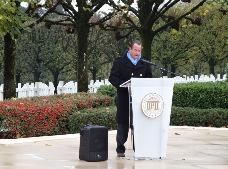 Assistant Superintendent Jim Bertelson reads the Presidential Proclamation during the 2016 Veterans Day Ceremony at Meuse-Argonne American Cemetery.